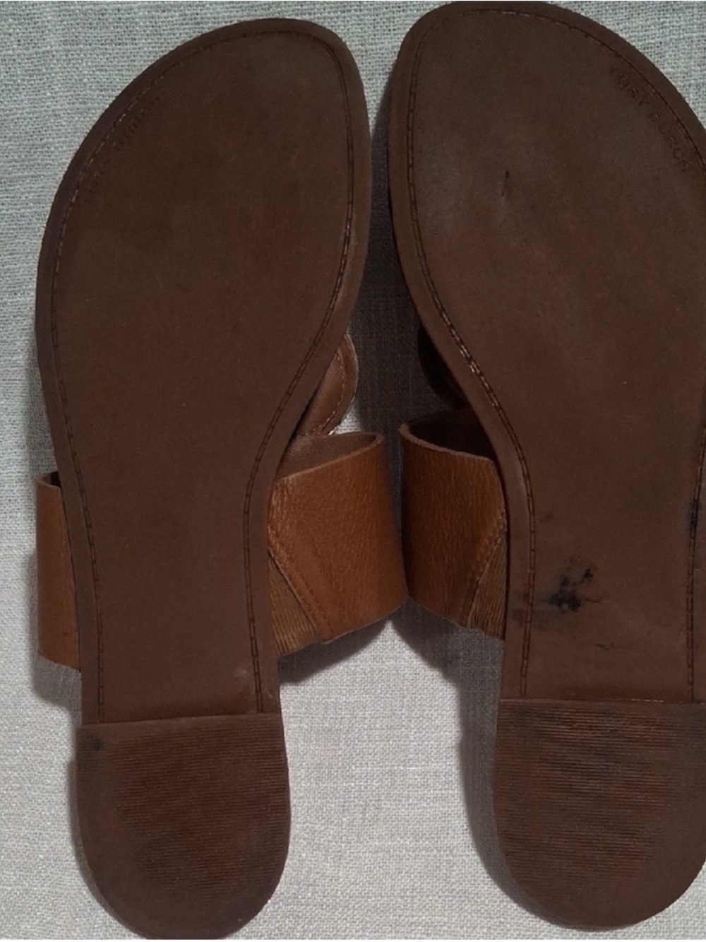 Tory Burch Cognac Leather Slide Sandals with Gold Emblem - Picture 8 of 10